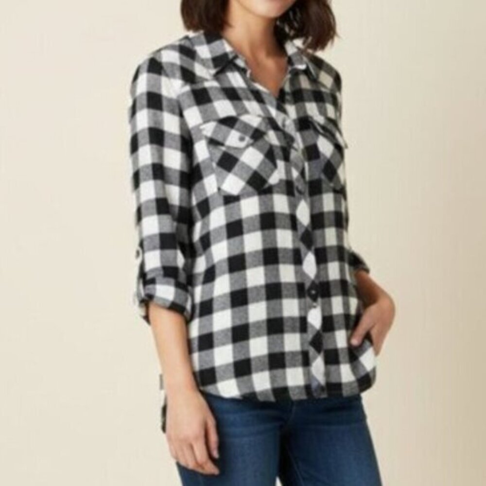 Anthropologie Ash & Ember Button Down Front Shirt Flannel Plaid Black Size Small